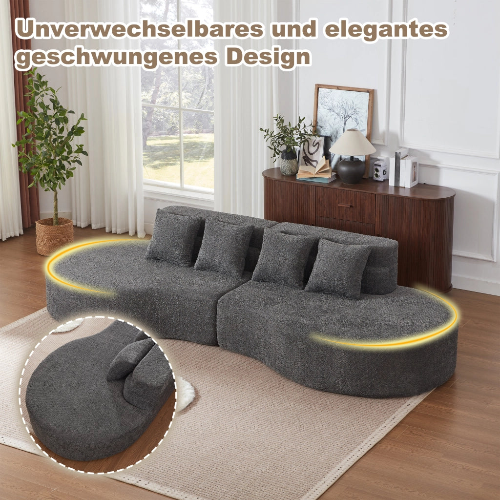 Divano modulare in ciniglia con schienale a strati e design arrotondato, componibile in due pezzi per interni moderni grigio