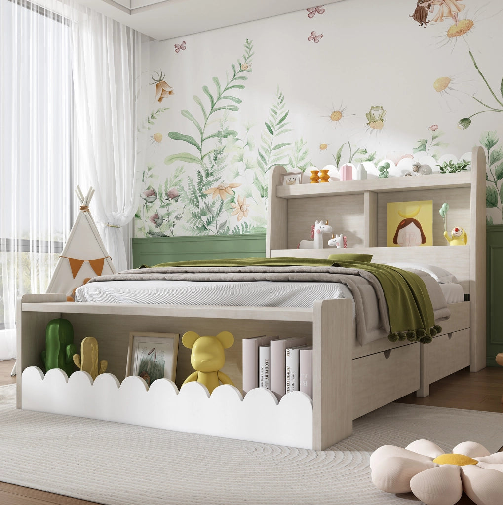 Letto singolo per bambini 90x190 cm con cassetti, ripiani e rete, bianco e rovere chiaro