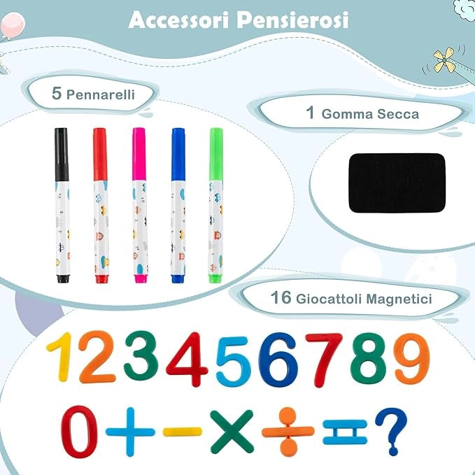 Lavagna Cancellabile con Sedia per Bambini, Set Tavolo e Sedie per Bambini con Scatola Portaoggetti, Piedini Antiscivolo, Cancellino e Pennarelli, Cavalletto per Cameretta (Blu)
