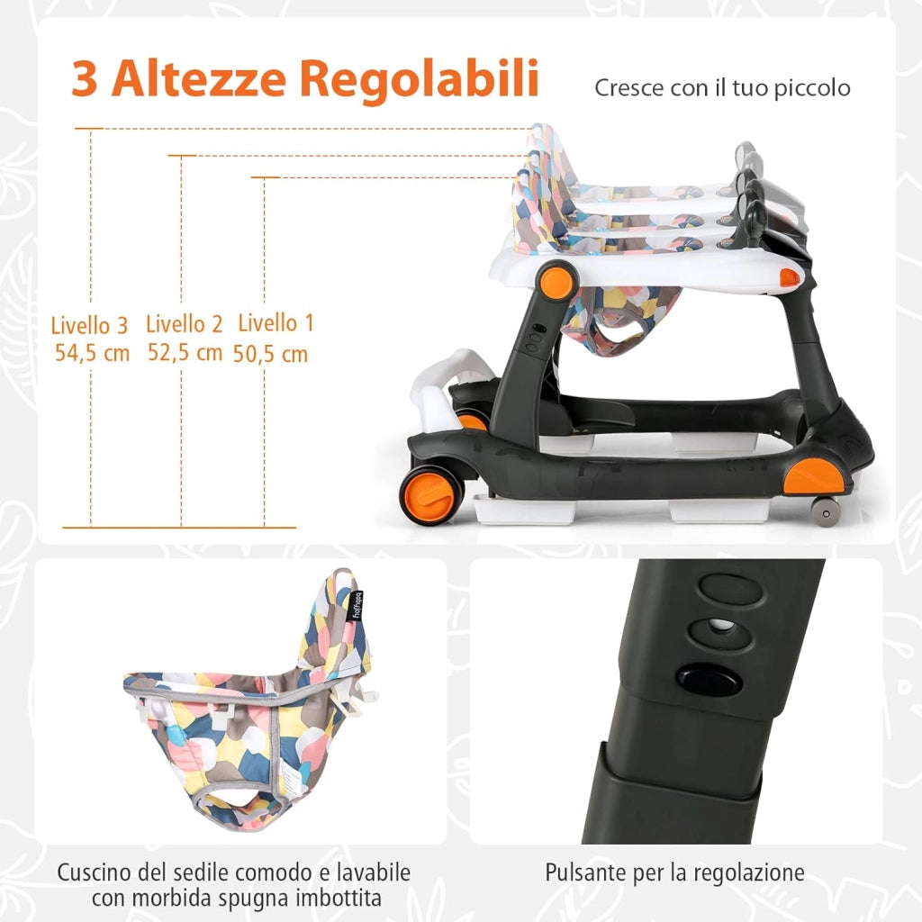 Girello per bambini 2 in 1, Girello con Altezza e Velocità Regolabili, Carillon con Luci e Cuscino Comodo, Primi Passi per Bambini 6-18 Mesi, Capacità di carico: 15 kg (Nero)