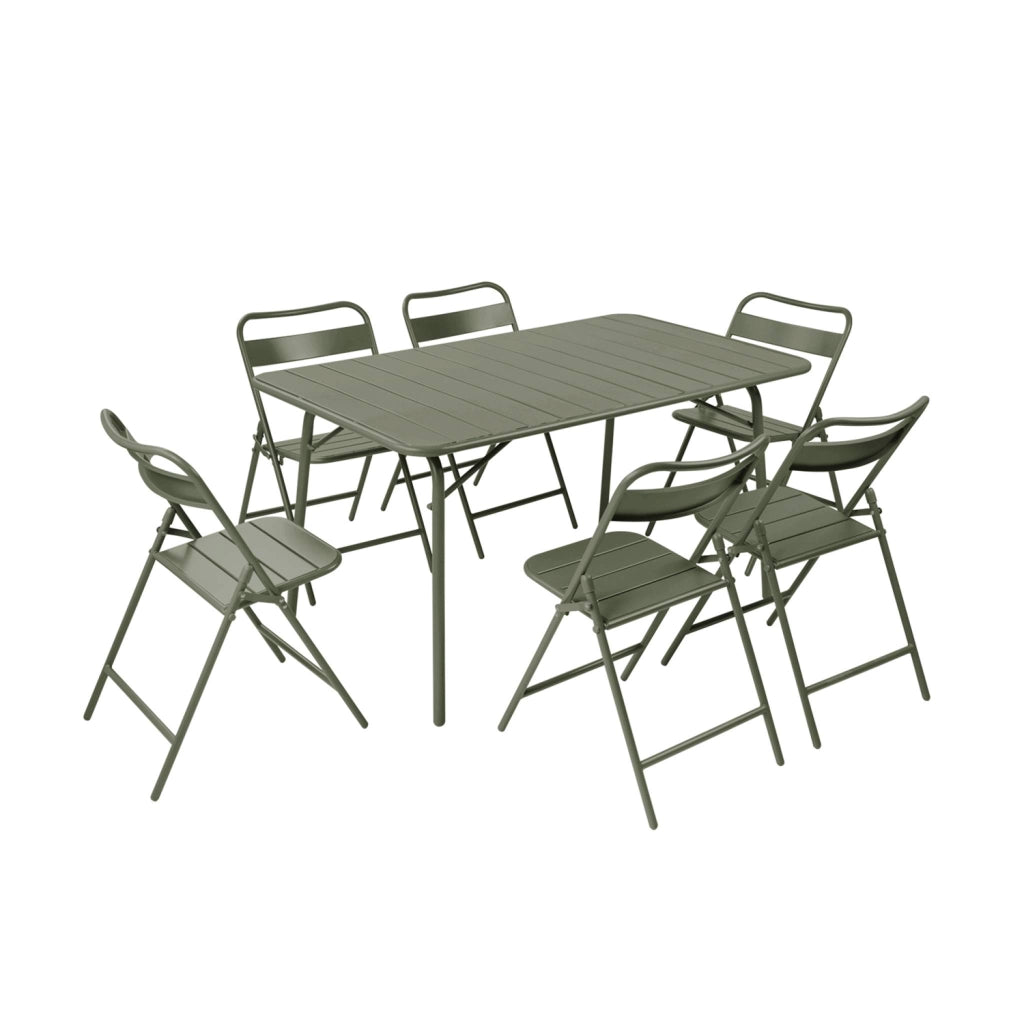 Set tavolo da giardino in acciaio con 6 sedie pieghevoli, 140cm, verde