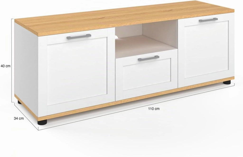 IDMarket - Mueble TV VITO con cajón y hornacina blancos y encimera de madera de 110 cm