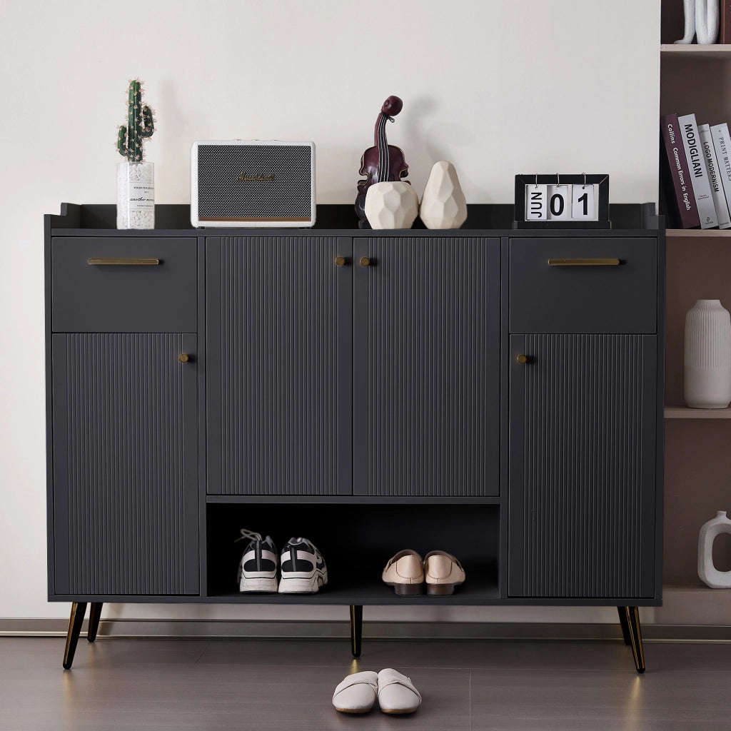 Scarpiera con 2 Cassetti e 4 Ante ¨C MINIMAL ¨C Nero, Metallo, 130x37x100 cm