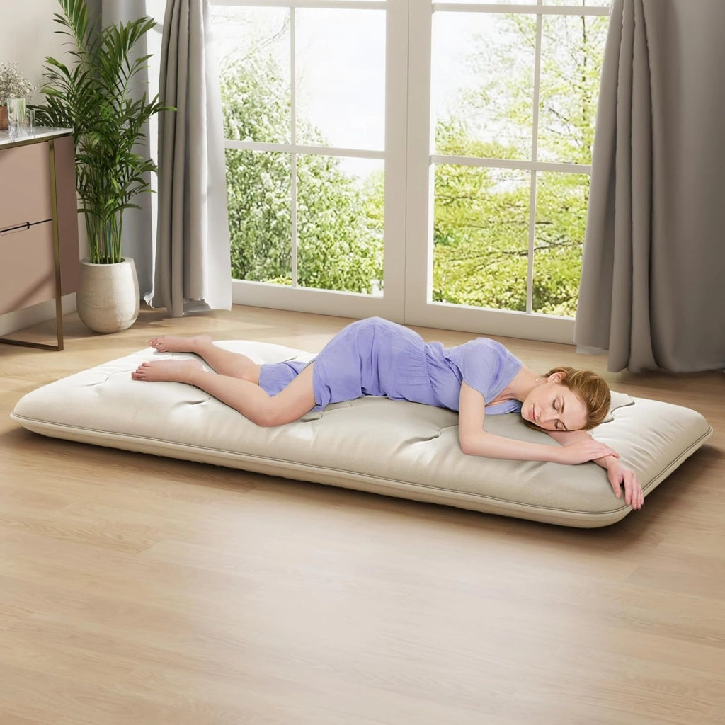 Materasso Futon Pieghevole, Tatami Futon Giapponese Portatile con Borsa, Copertura Lavabile, 2 Bende Incluse, Letto Futon Spesso e Traspirante per Camera da Letto per Adulti (Beige,Twin XL)
