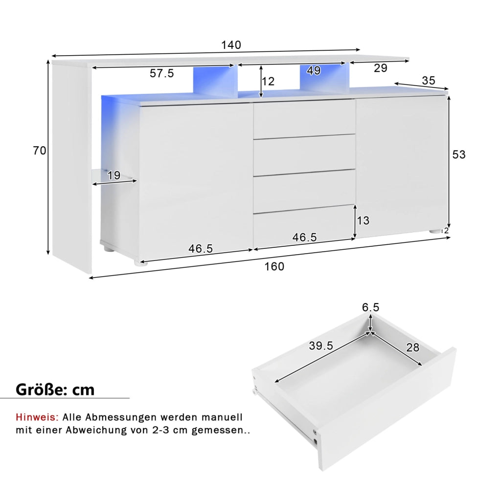 Credenza moderna con LED e USB, bianco lucido