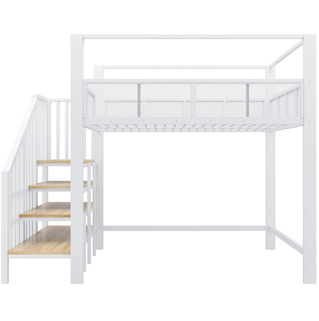 Letto a soppalco 140x200 cm con baldacchino; scala portaoggetti in metallo bianco