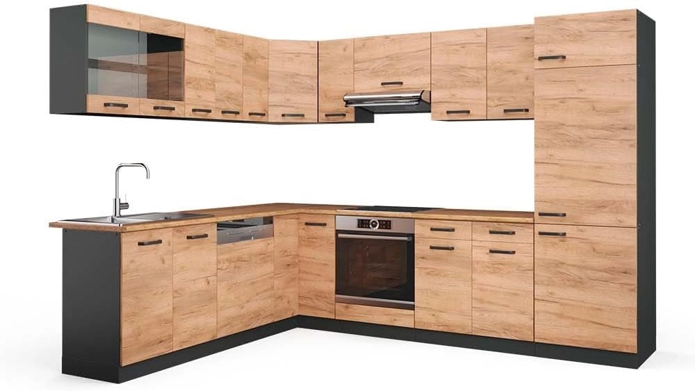 Cucina angolare completa R-Line, Blu-grigio/antracite, 287 x 60 cm, PL Rovere, per l'espansione personalizzata con moduli aggiuntivi compatibili