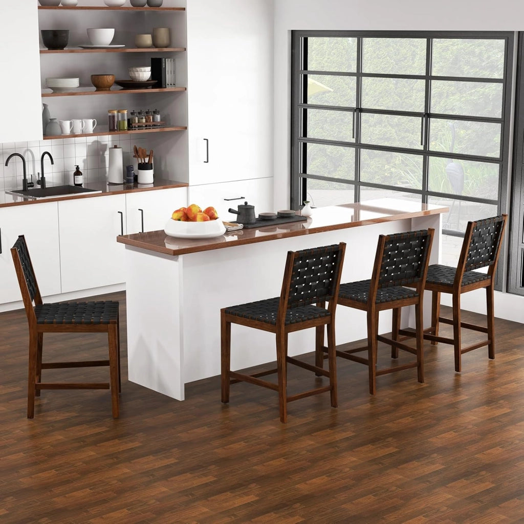 Sgabelli da Bar, 2 Sedie Alte con Cinturini in Similpelle, Schienale Accogliente e Struttura in Legno Massello, Sgabelli per Cucina, Sala da Pranzo, Ristorante e Bar