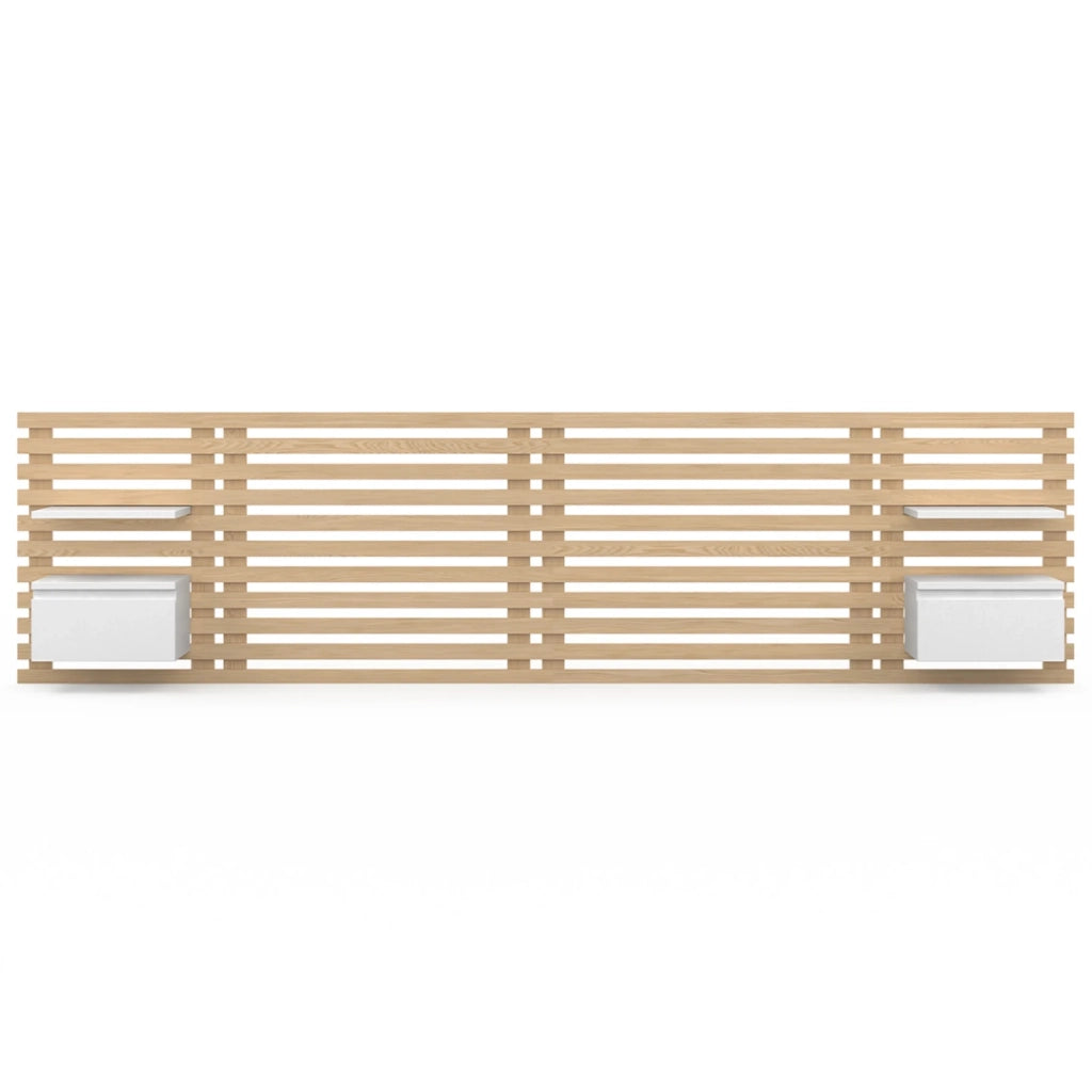 IDMarket - Cabecero de lamas AVA con mesillas colgantes 240 CM madera clara y blanco