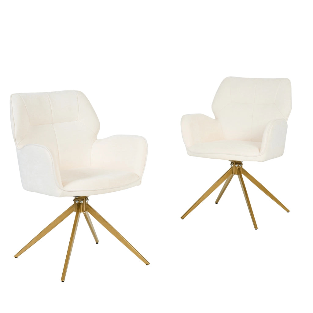 Set di 2 sedie girevoli da pranzo - con braccioli - in chenille e metallo - crema