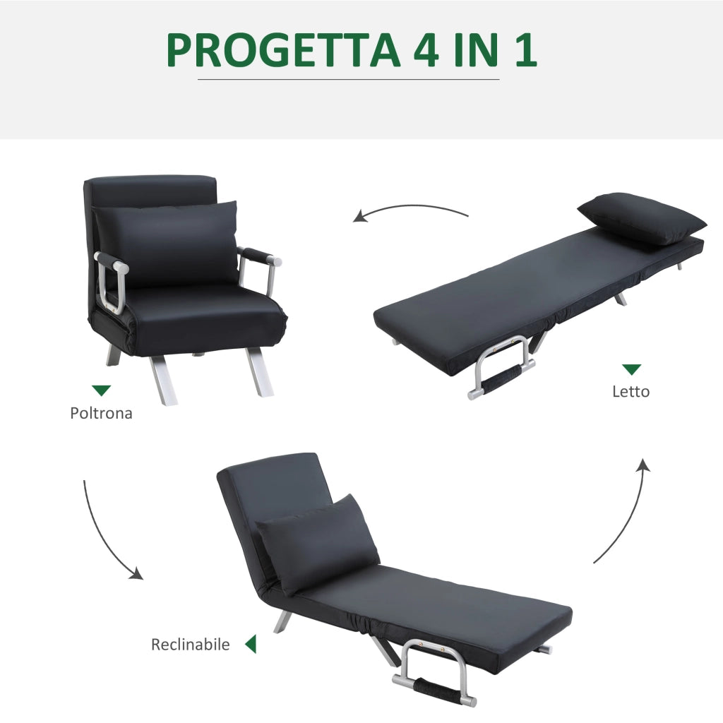 Poltrona Letto Singolo Salvaspazio con Schienale Reclinabile su 5 Livelli e Cuscino, 65x69x80 cm, Nero