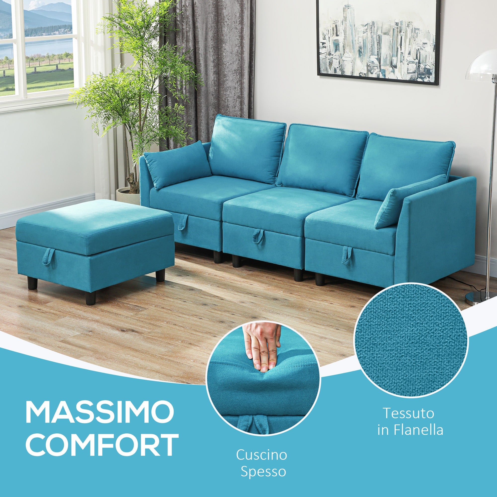 Divano 3 Posti Componibile Modulare con Pouf Poggiapiedi e Cuscini 213x156x88 cm Blu