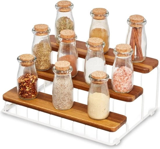 Kruidenrek a 3 livelli, piccolo ripiano per cucina con struttura metallica e legno di acacia, ripiano per cucina da appoggio sul piano di lavoro, colore bianco e naturale.