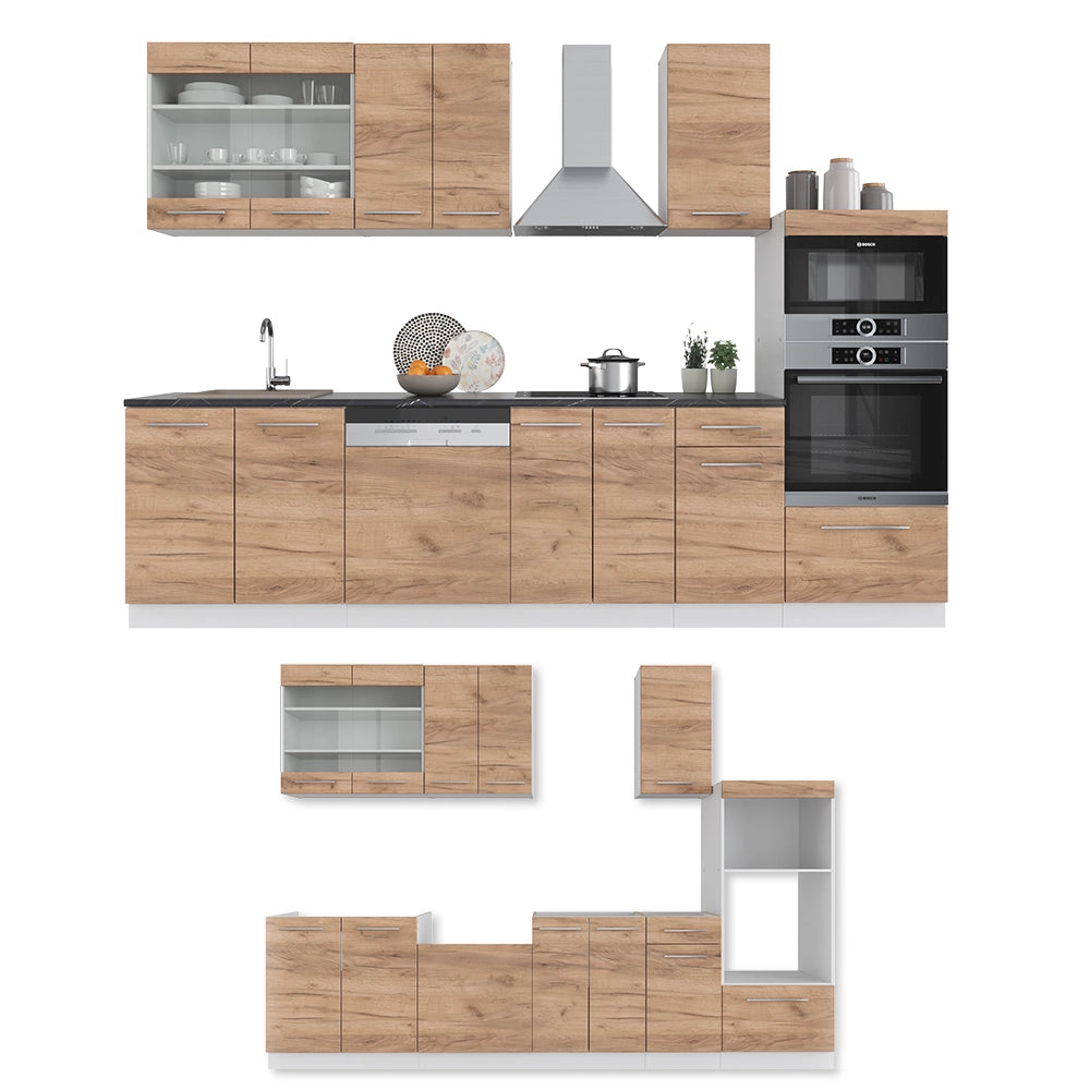 Cucina componibile Fame-Line Rovere dorato/Bianco 300 cm con armadio alto, PL Antracite Vicco