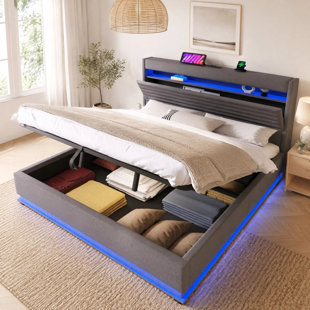 Letto matrimoniale imbottito 180x200 cm con contenitore; LED; USB e USB-C; in lino grigio