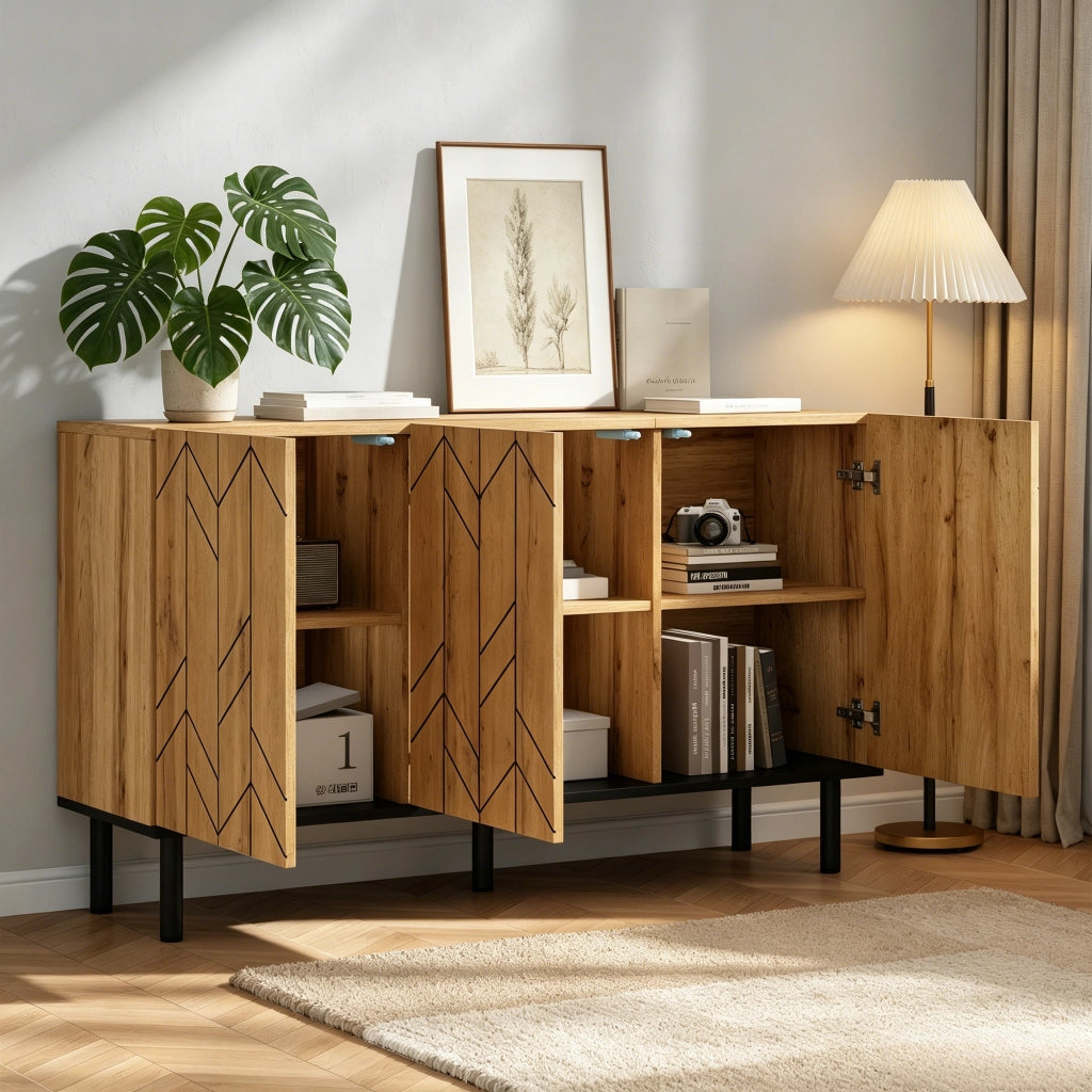 Credenza moderna con 3 ante e gambe in metallo, per soggiorno e sala da pranzo, in truciolare, rovere nero, 120 × 35 × 70 cm