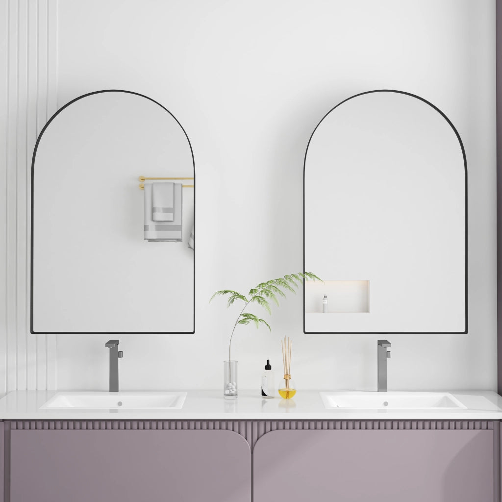 Armadietto a specchio ad arco con 2 ripiani regolabili installazione a parete o incasso in metallo nero per bagno