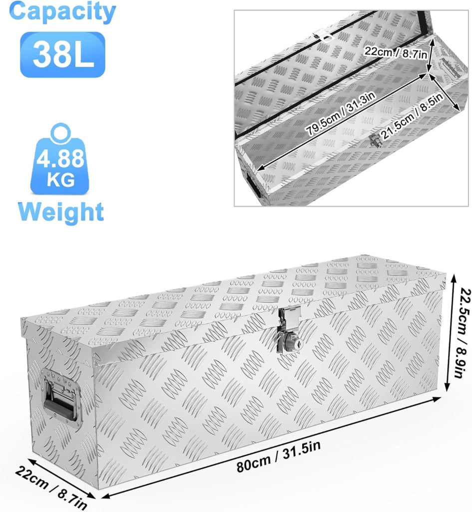 Alubox con coperchio in alluminio, scatola portautensili con serratura e chiavi, maniglia, scatola per il trasporto, 80 x 22 x 23 cm, argento