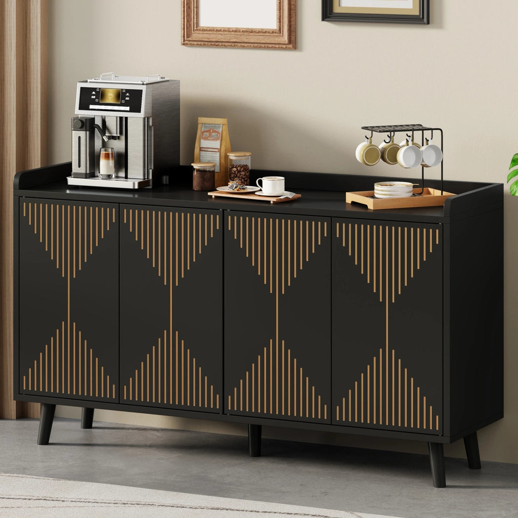 Credenza moderna a 4 ante con ripiani regolabili, buffet da cucina e soggiorno in MDF nero 140 x 40 x 84 cm