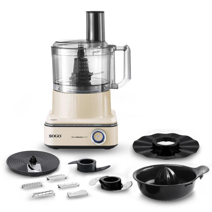 Robot da cucina 2,3L 1000W con 6 velocità, display LED e 10 accessori per tritare impastare e spremere - Sogo