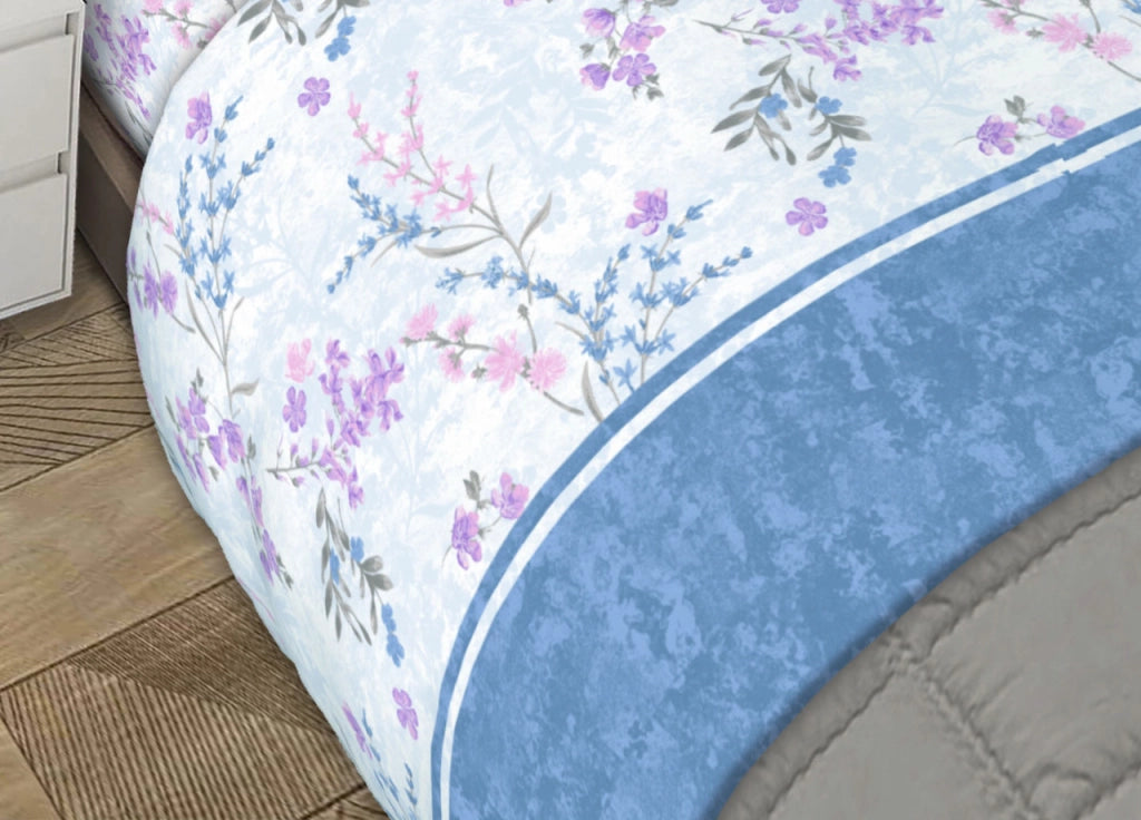 Completo Lenzuola 100% Cotone Made Italy Fantasia Floreale Venezia C.N - Matrimoniale - Azzurro