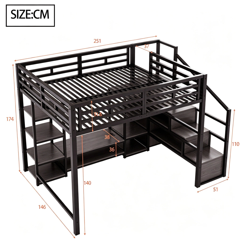 Letto a soppalco ULEVR 140x200 cm con supporto TV, presa integrata e scala, metallo e MDF nero