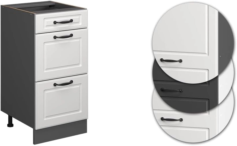 Mobiletto base per cucina R-Line, Bianco casa di campagna, 40 cm con cassetti, senza piano di lavoro, per la libera combinazione all'interno di sistemi cucina modulari