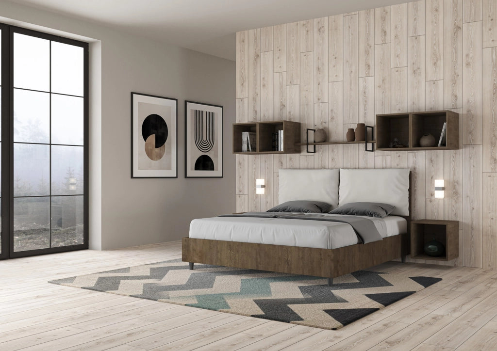 BS COM Letto matrimoniale con rete 160x190 Noce cuscini similpelle bianco