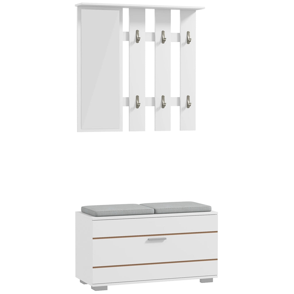 Set Ingresso con Appendiabiti, Specchio, Panca e Scarpiera ¨C Zephmum ¨C Bianco