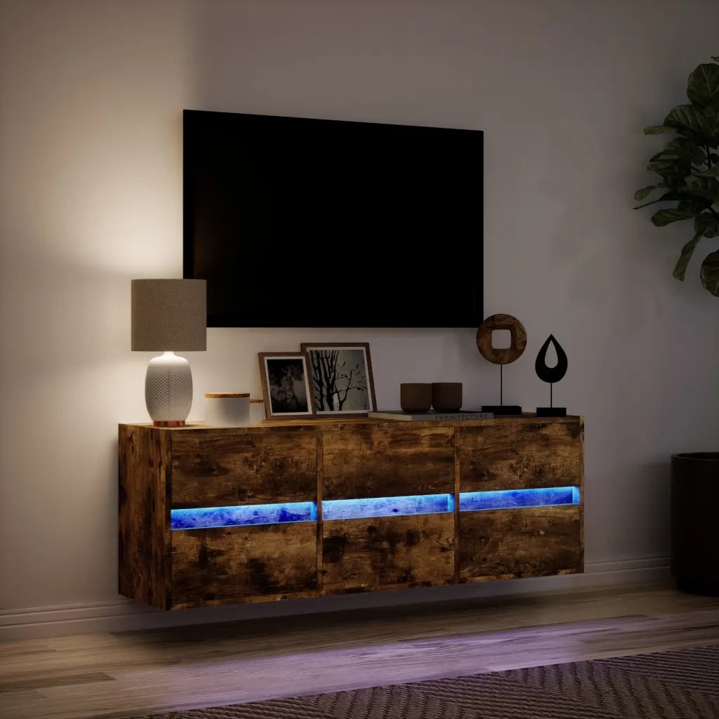 Mobile TV a Parete con Luci LED Rovere Fumo 130x31x45 cm 852303