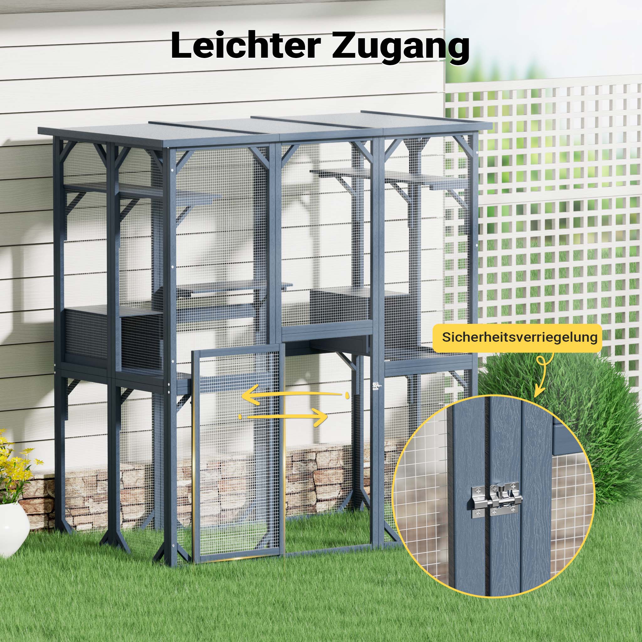 Recinto per gatti da esterno 1705 x 925 x 1810 mm, recinzione antifuga in legno con tetto in asfalto, diversi livelli, per giardino, balcone, terrazzo