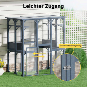 Recinto per gatti da esterno 1705 x 925 x 1810 mm, recinzione antifuga in legno con tetto in asfalto, diversi livelli, per giardino, balcone, terrazzo