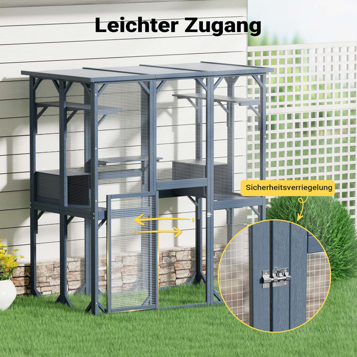 Recinto per gatti da esterno 1705 x 925 x 1810 mm, recinzione antifuga in legno con tetto in asfalto, diversi livelli, per giardino, balcone, terrazzo
