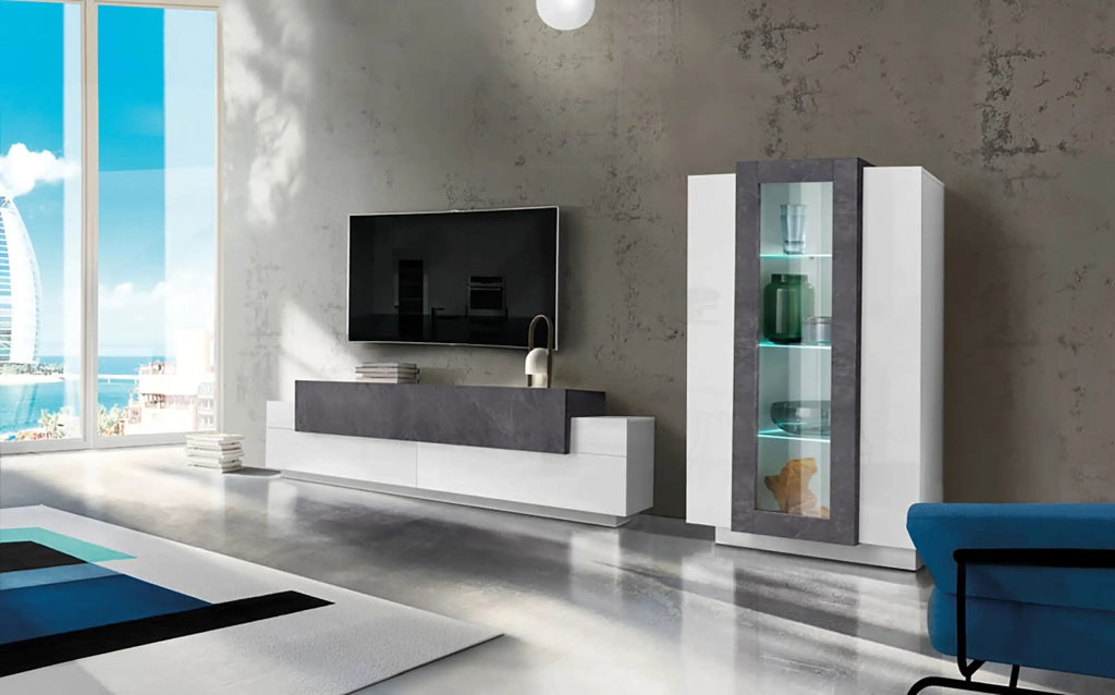 Parete attrezzata soggiorno moderna bianco ardesia mobile porta TV vetrina Corona