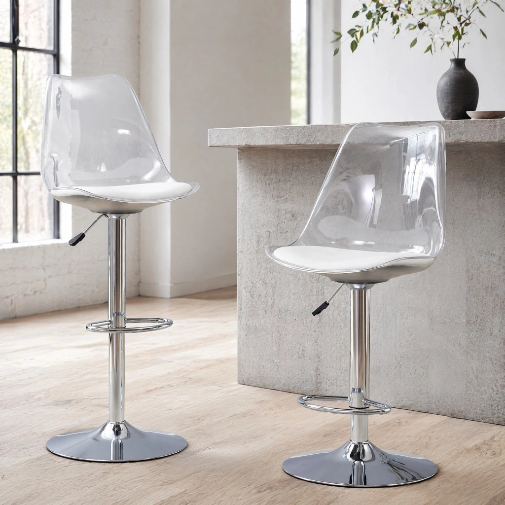 Sgabello da bar Set di 2 Girevole Regolabile in Altezza Schienale Trasparente in Metallo e Plastica Argento