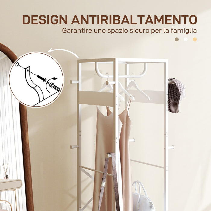 Appendiabiti da Terra 38,5x30x170 cm con Asta e 2 Ripiani Aperti in Legno e Acciaio Bianco