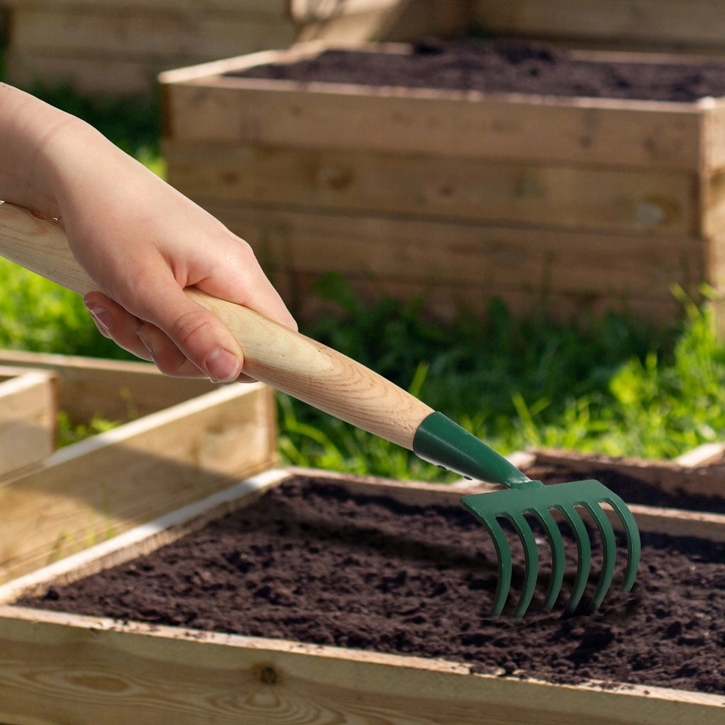 Rastrello da giardino in metallo KADAX, piccolo, 35 cm, 6 denti, manico in legno massello