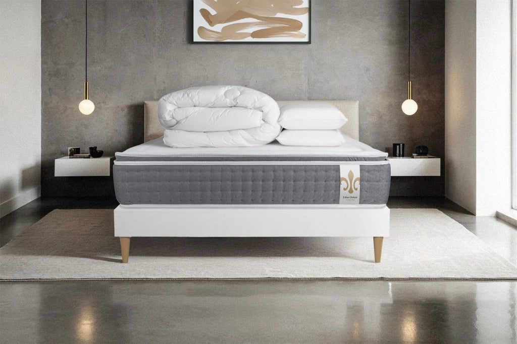 Pacchetto letto completo - Materasso 140x190cm + Box spring con doghe (kit) + 2 cuscini + Piumino - Vingt-Six PLUS