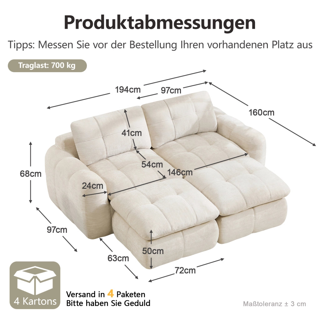 Divano modulare 2 posti in ciniglia senza struttura con seduta ampia e profonda 2 pouf montaggio non richiesto beige