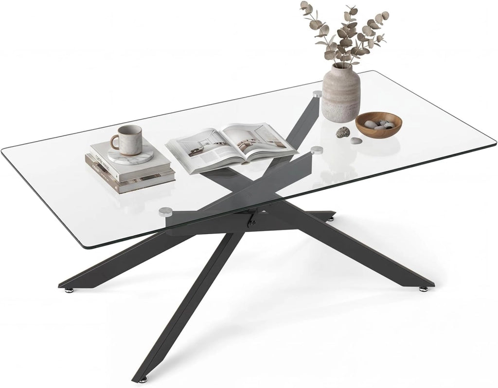 Tavolino da Salotto con Piano in Vetro Temperato, Gambe Incrociate e Piedini Regolabili, Tavolo Basso in Stile Industriale per Soggiorno, Camera da Letto, Ufficio, 120 X 60 X 45,5 CM (Nero)