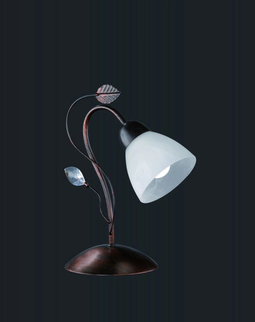TRADITIO LAMPADA TAVOLO METALLO RUGGINE ANTICO VETRO BIANCO CON GEMMA TRASPARENTE H. 32CM 1 LUCE ATTACCO E14