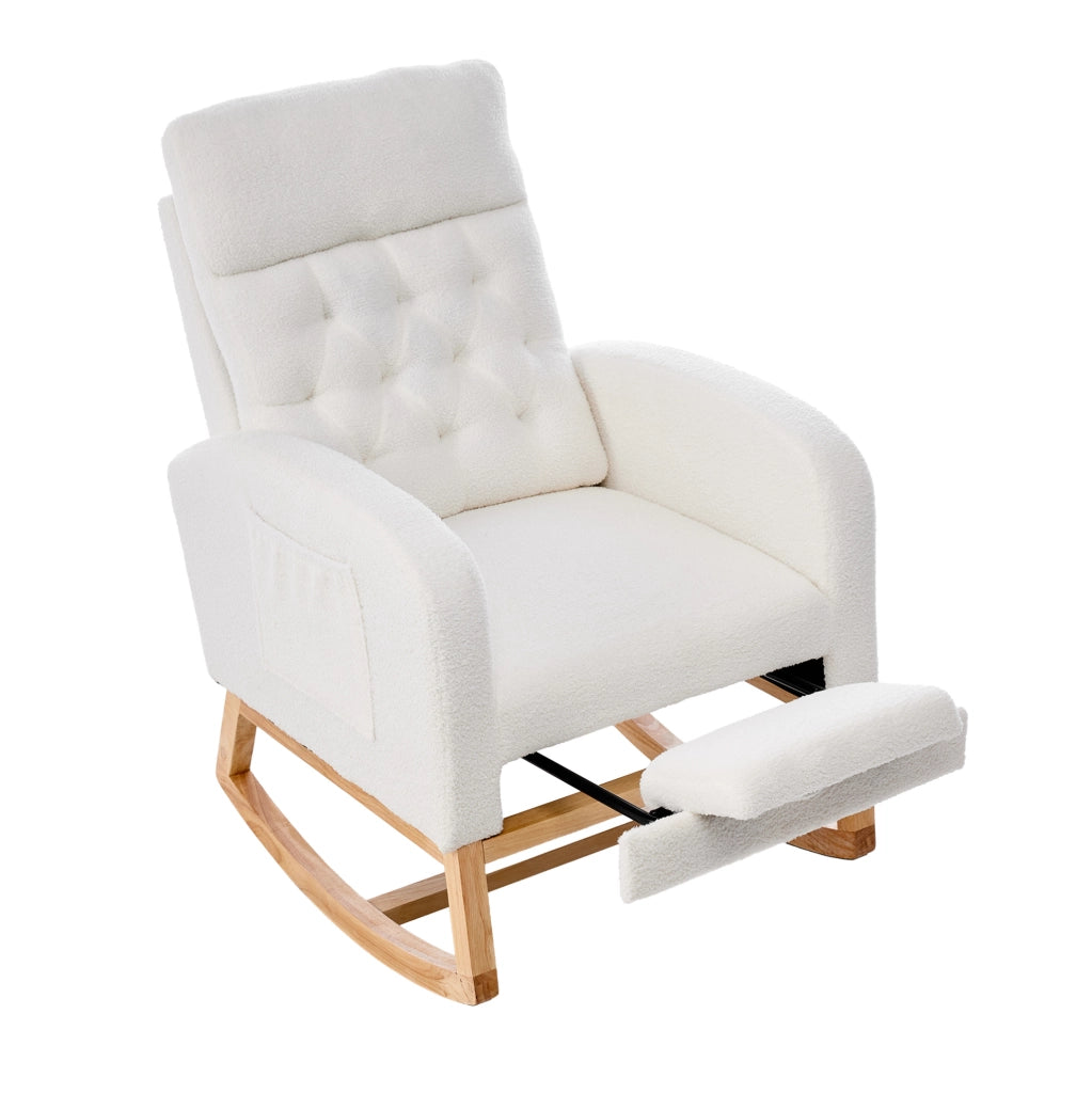 Sedia a dondolo 65.6x123x102 cm con poggiapiedi estraibile e tasche laterali in bouclé; legno; bianco