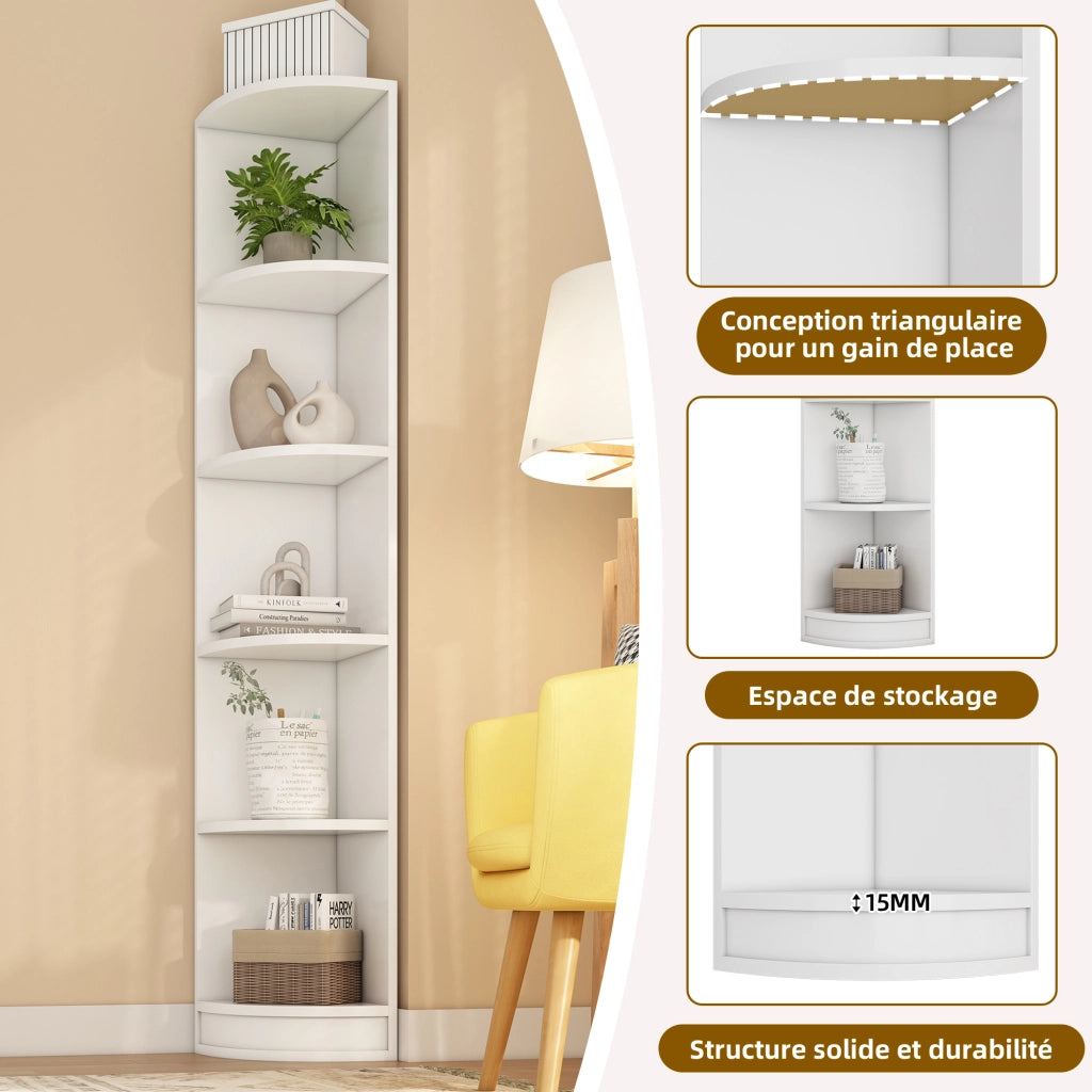 Libreria ad Angolo con 5 Ripiani; Design Triangolare Salvaspazio; Stile Moderno; in MDF; 42×30×180 cm; Bianco