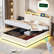 Letto matrimoniale imbottito LED 160x200 cm con porta USB e contenitore idraulico; beige