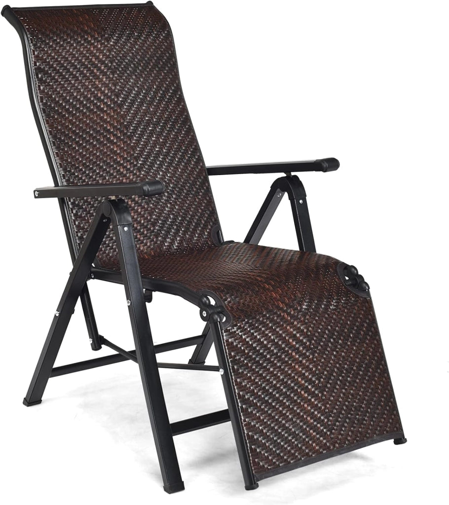 Sedie Pieghevoli e Reclinabili in Rattan, Chaise Longue Portatile con Schienale Regolabile, Sedia a Sdraio da Esterno con Braccioli Ampi, Struttura in Acciaio, per Interno ed Esterno (1)