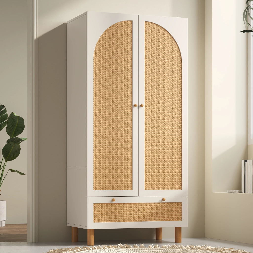 Armadio Guardaroba Bianco 180×85×52 cm con 2 Ante in Rattan; Barra Appendabiti; Ripiani Regolabili e Cassetto