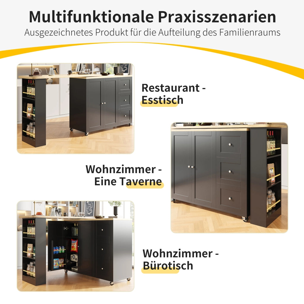 TAVOLO BAR 360° girevole 203x39x106 cm MDF nero con 3 cassetti