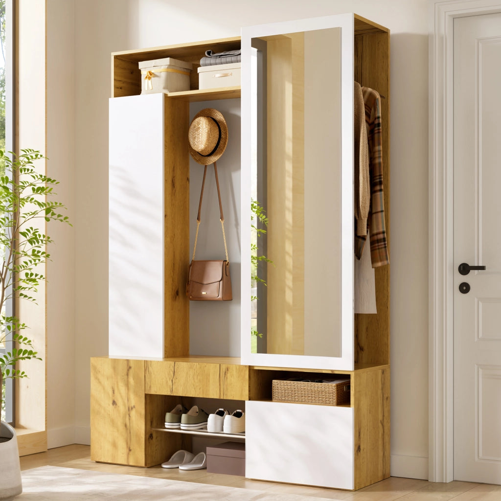Guardaroba in MDF con specchio, scarpiera, mobile ingresso, appendiabiti con asta e ganci