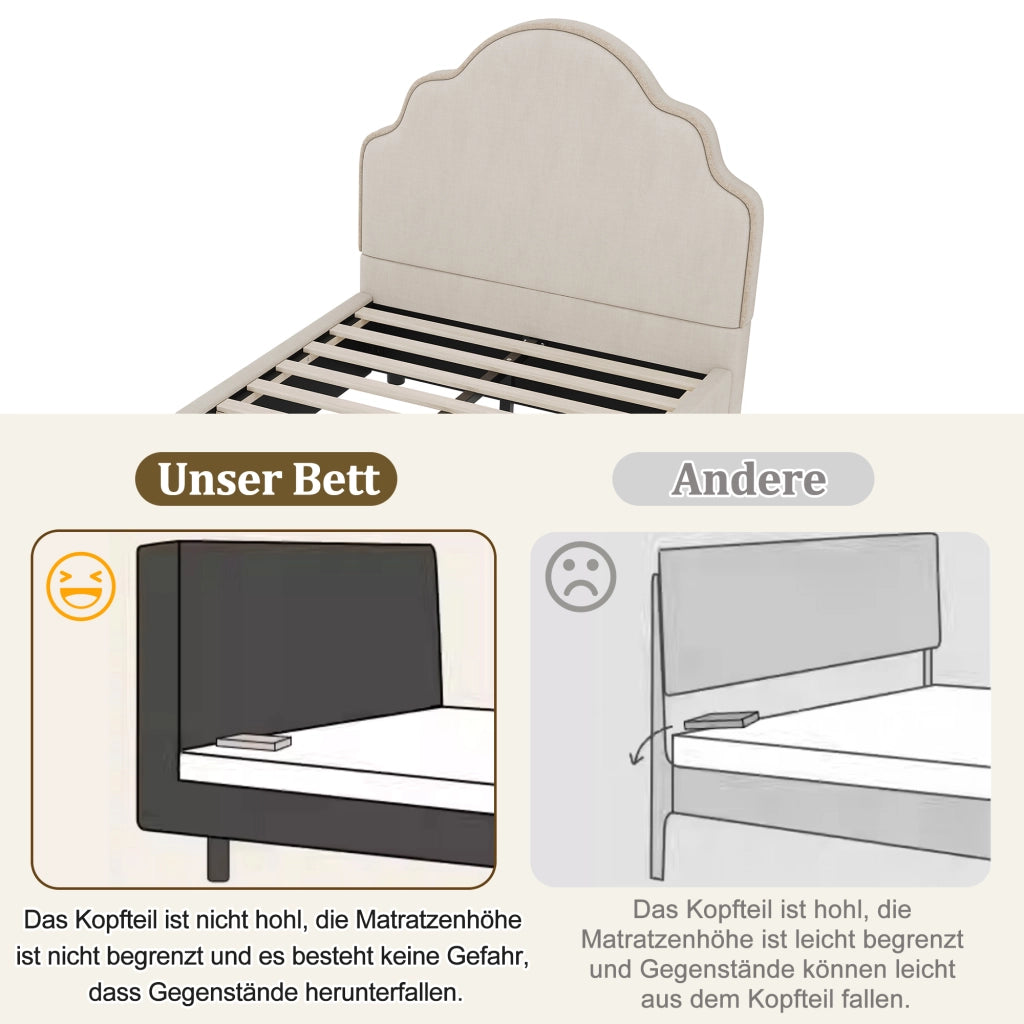 Letto per bambini 90 × 200 cm con testiera imbottita a forma di nuvola, senza materasso, in lino beige