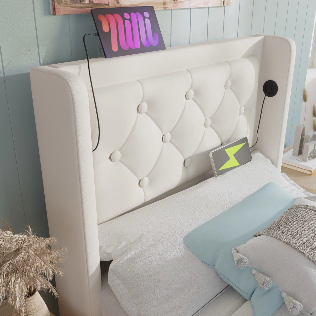 Letto singolo imbottito 90x200 cm bianco con materasso, LED, USB-C e vano contenitore